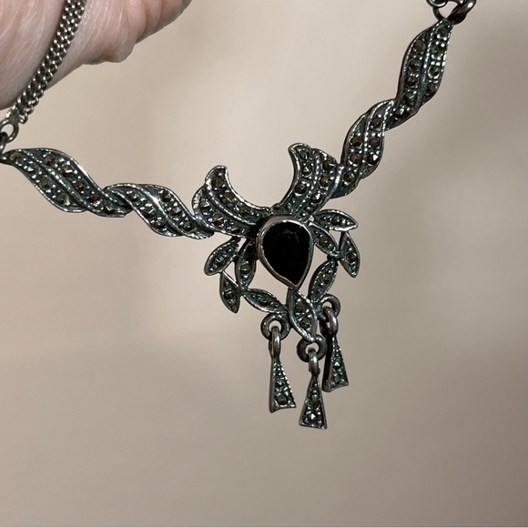 Antique Art Deco 1920's Sterling Silver Marcasite black Onyx Choker necklace - Picture 8 of 17